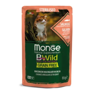 BWild Grain Free Bocconcini maltagliati in salsa Salmone con Gamberetti e Ortaggi – Sterilised - 85GR