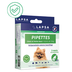 Antiparasitic pipettes – Insect repellent – ​​Dog and puppy – less than 15 kg – 3 pipettes – LAPSA