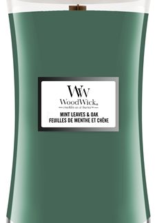 WoodwickMint Leaves & Oak candela profumata con stoppino in legno 609,5 g