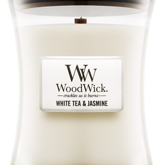 WoodwickWhite Tea & Jasmine candela profumata con stoppino in legno 275 g