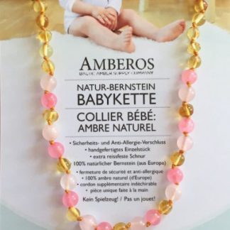 AMBEROS Natur Bernsteinkette mit Edelsteinen Baroque Lemon Quartz Pink Jade