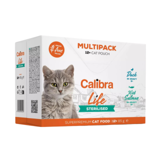 Calibra CAT LIFE POUCH STERILISED MULTIPACK 12 x 85 G bezzbożowe saszetki z mięsem w sosie dla kotów kastrowanych – 2 smaki