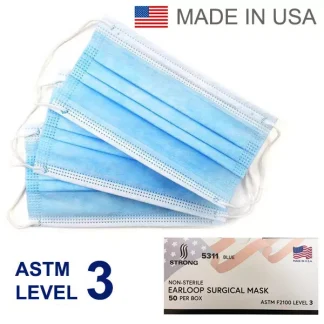 Disposable Medical Surgical Ear-Loop Face Masks ASTM Level 3 50pcs Made in USA