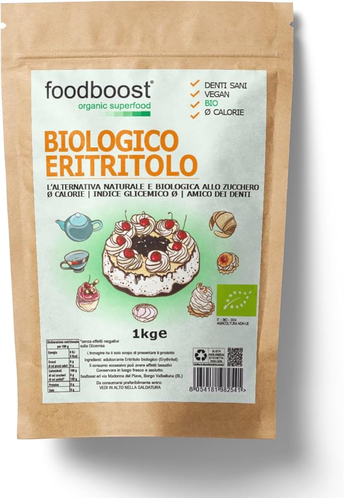 foodboost Eritritolo Biologico 1Kg foodboost, sostituto dello zucchero, 0kcal - 100% Puro, stesso potere dolcificante dello zucchero da cucina, adatto per diabetici e diete ipocaloriche o bilanciate
