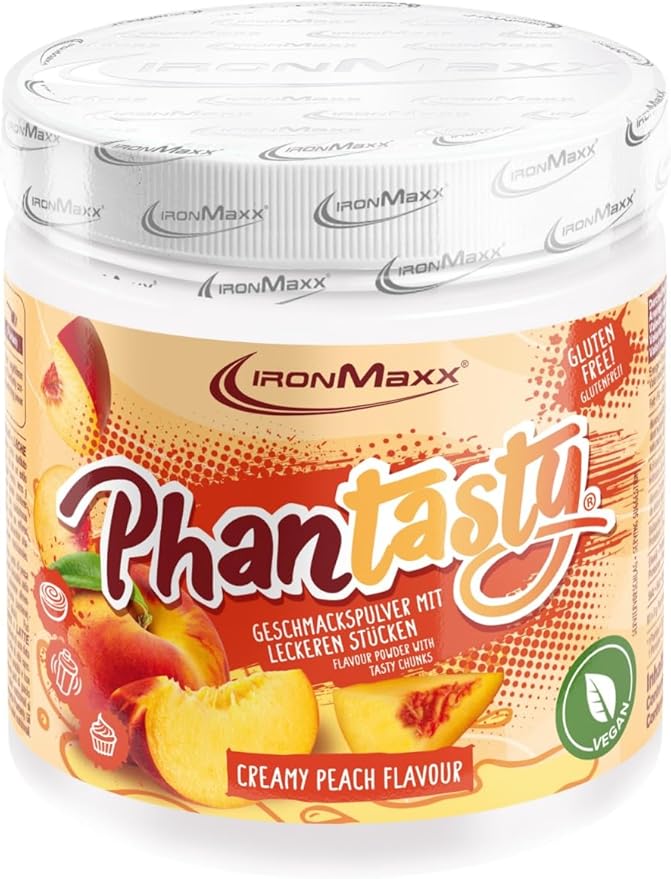 IronMaxx Phantasty - Creamy Peach 250g Barattolo | Polvere aromatizzante vegana con veri pezzi di frutta o frutta secca | Perfetto sostituto dello zucchero.