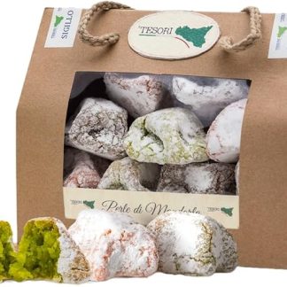 Paste di Mandorla Siciliane Artigianali, Borsetta regalo in Cartone, confezionate in monoporzione gusti assortiti, dolci Siciliani alle mandorle, senza glutine, 200g