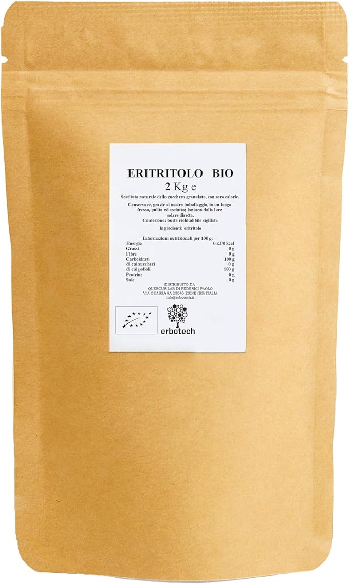 ERBOTECH Eritritolo BIO in Polvere, Busta da 2 Kg, Sostituto Biologico Naturale dello Zucchero con Zero Calorie, Adatto per Diabetici, Vegan, Senza Conservanti e Coloranti