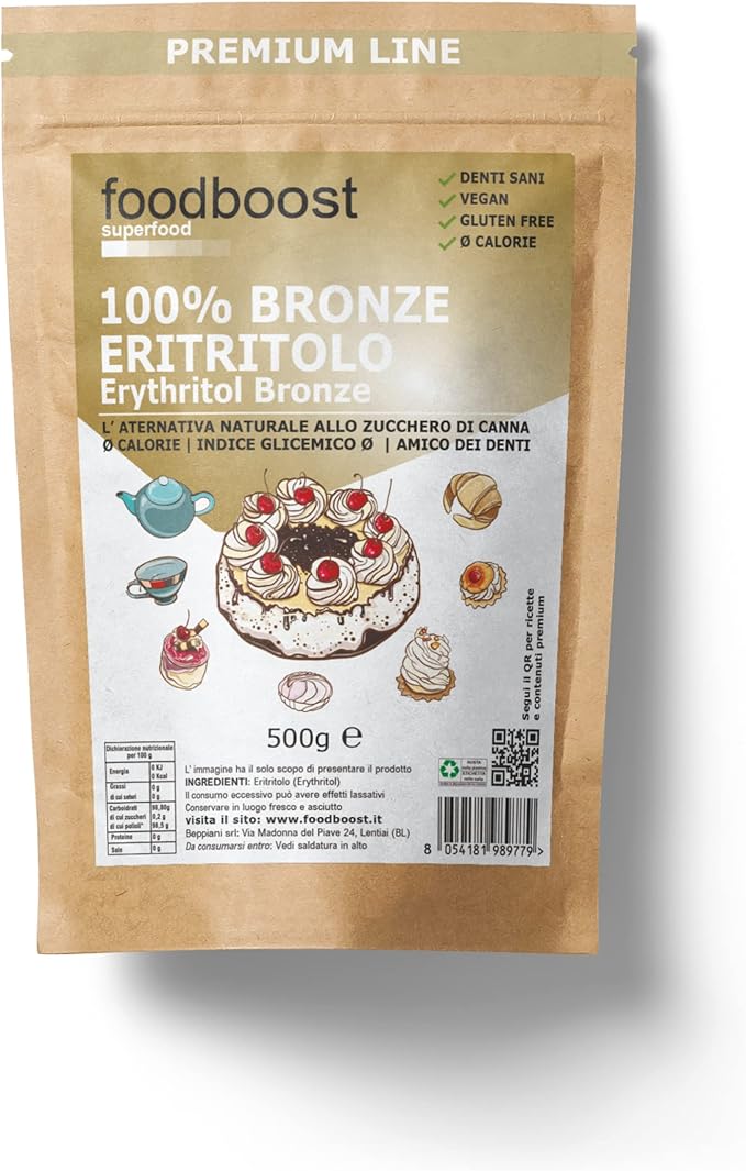 Eritritolo Premium foodboost, sostituto dello zucchero di canna, migliorata caramellizzazione, potere dolcificante 100% adatto per diabetici e diete ipocaloriche o bilanciate- contro la carie