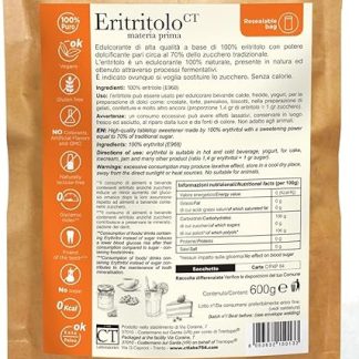 CTLabs Eritritolo, Dolcificante Naturale, Sostituto dello Zucchero. 100% Puro, Vegano, Gluten Free e Senza Coloranti Artificiali. Zero indice glicemico e zero Calorie. Facilmente richiudibile. 600 gr