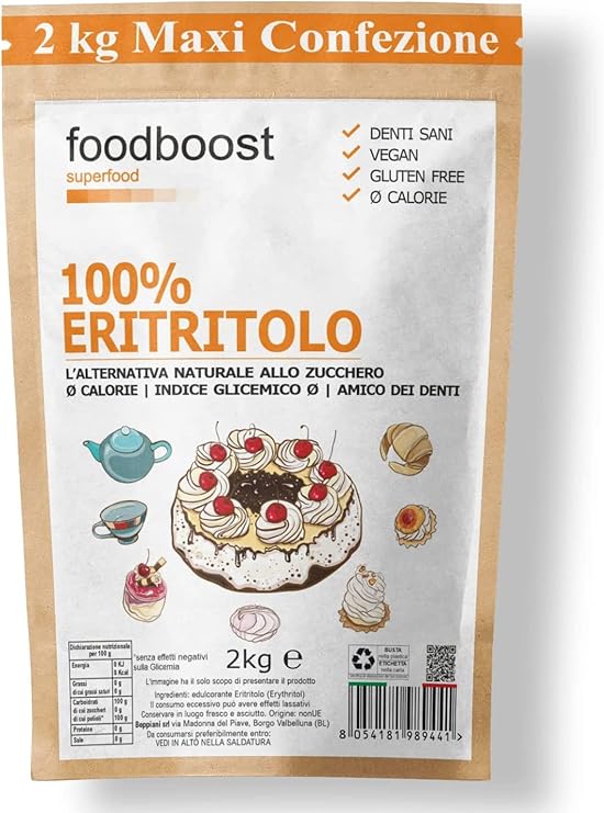 Eritritolo 2Kg foodboost -sostituto dello zucchero- 0kcal - 100% Puro- stesso potere dolcificante dello zucchero da cucina, adatto per diabetici e diete ipocaloriche - contro la carie - conf. bulk
