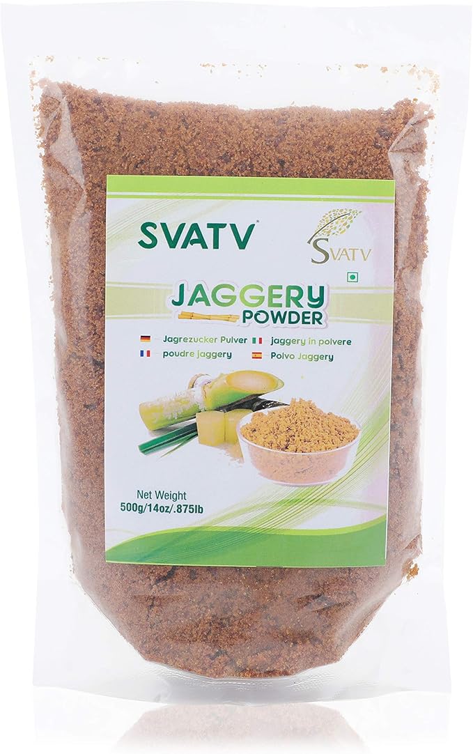 SVATV Jaggery Powder, Gur Powder tritato a mano | Dolcificante naturale | Zucchero di canna | Sostituto indiano della canna da zucchero | Senza conservanti | Senza aromi artificiali - 500g