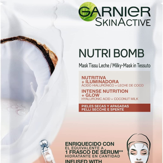 GARNIER SKIN ACTIVE Maschera in tessuto SKINACTIVE NUTRI BOMB nutriente illuminante con acido ialuronico e latte di cocco, 1 pz