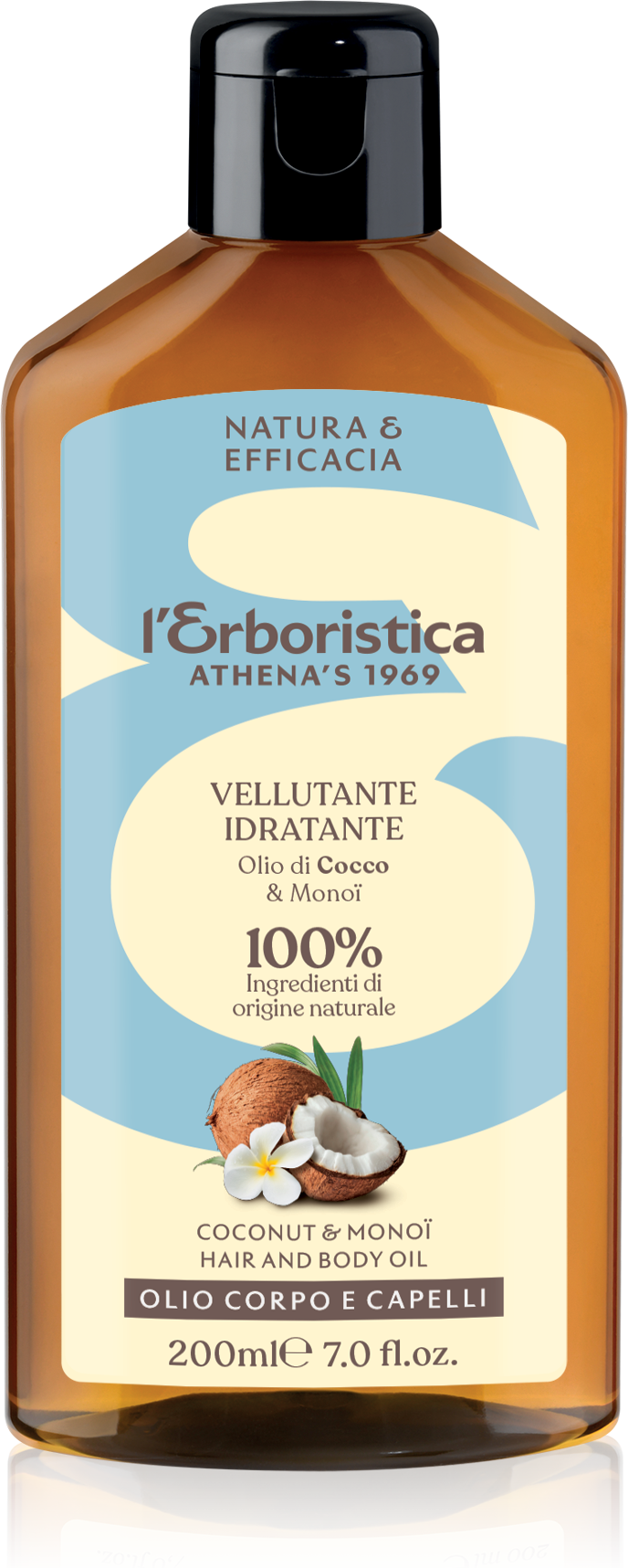 L'ERBORISTICA Olio corpo e capelli idratante elasticizzante con olio di cocco e monoi, 200 ml