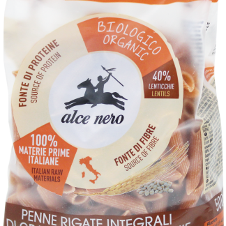 Органические пенне из твердых сортов пшеницы и чечевицы Black Alce Rigate, 500 г.