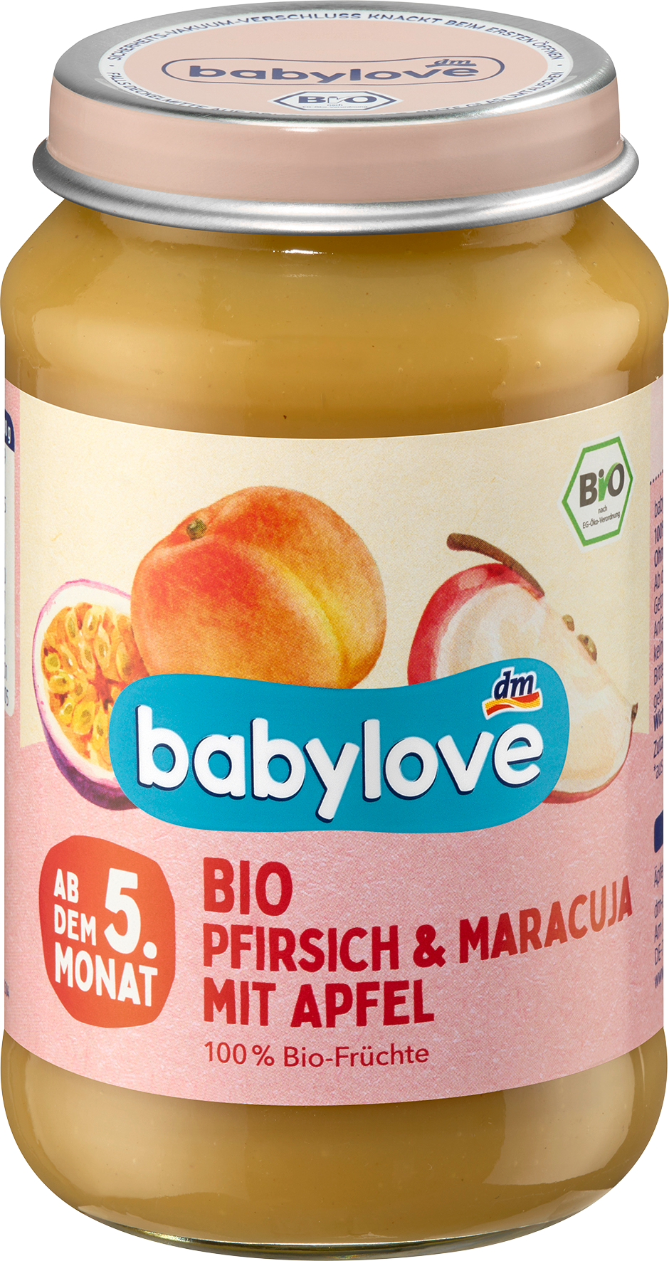 Пюре из яблока, персика и маракуйи babylove, от 5 месяцев, 190 г. Дополнительное питание.