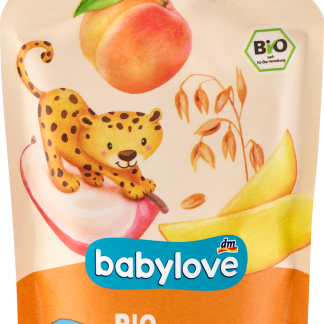 Детское питание babylove: пюре из персика, яблока и манго с овсянкой, 100 г.