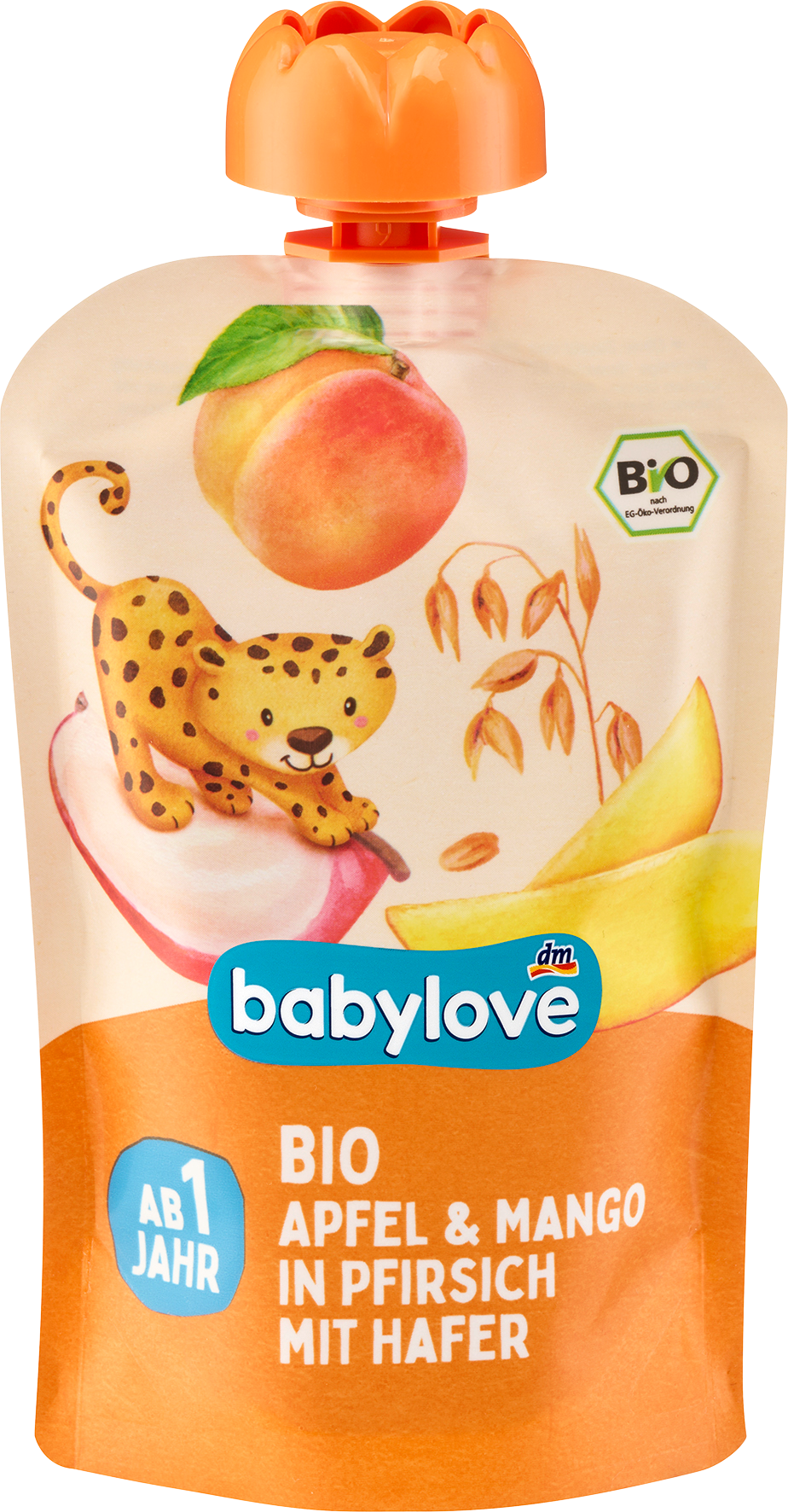 Детское питание babylove: пюре из персика, яблока и манго с овсянкой, 100 г.