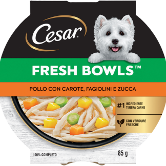 Влажный корм для собак Cesar FRESH BOWLS с курицей, морковью, зеленой фасолью и тыквой, 85 г. Полноценный корм.