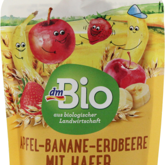 Органическое пюре dmBio из яблок, бананов и клубники с овсянкой, 100 г. Дополнительная пищевая добавка.