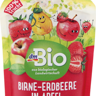 Органическое пюре из яблок, груш и клубники dmBio, 100 г. Дополнительная пищевая добавка.