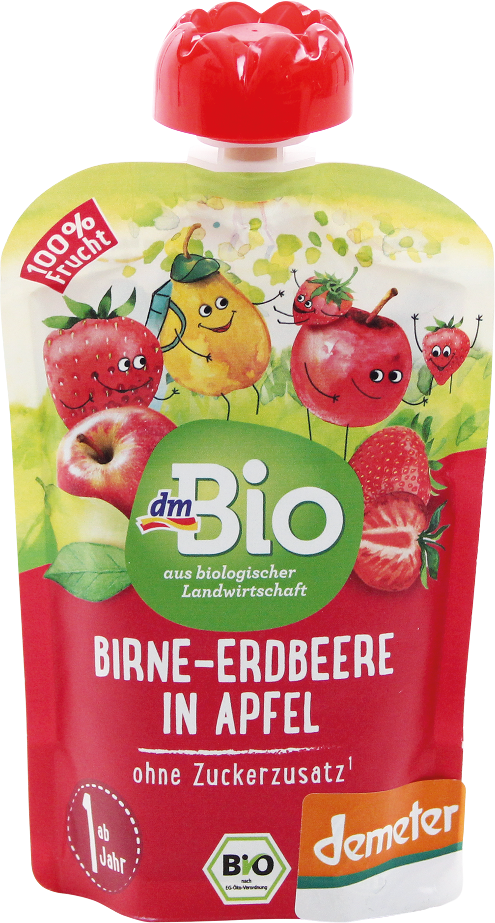 Органическое пюре из яблок, груш и клубники dmBio, 100 г. Дополнительная пищевая добавка.